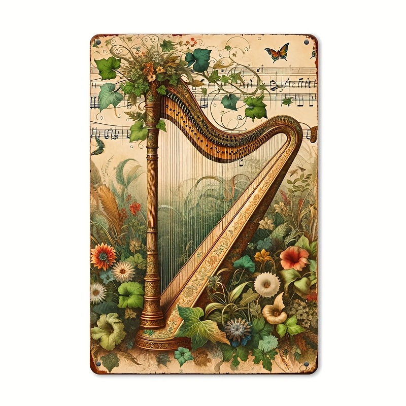 Musical Instrument Sign - Винтажная металлическая табличка с изображением арфы,